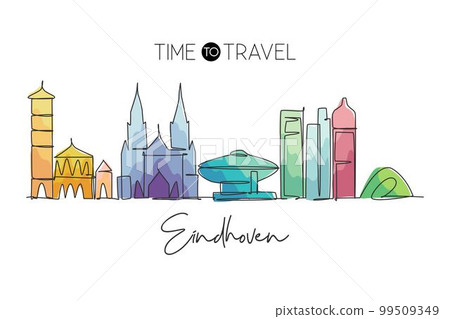 One single line drawing of Eindhoven city skyline, Netherlands. Historical skyscraper landscape in world. Best holiday destination wall decor poster. Continuous line draw design vector illustration 99509349
