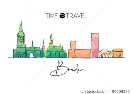 One continuous line drawing of Breda city skyline, Netherlands. Beautiful skyscraper. World landscape tourism travel vacation home wall decor poster print. Single line draw design vector illustration 99509353