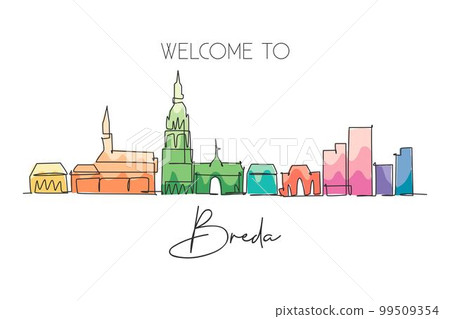 Single continuous line drawing of Breda city skyline, Netherlands. Famous skyscraper landscape postcard. World travel wall decor poster print concept. Modern one line draw design vector illustration 99509354