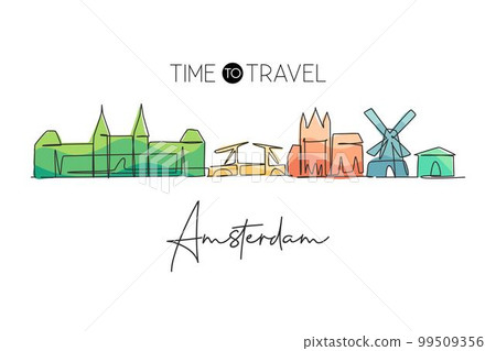 One continuous line drawing of Amsterdam city skyline, Netherlands. Beautiful city skyscraper. World landscape tourism travel vacation wall decor poster. Single line draw design vector illustration 99509356