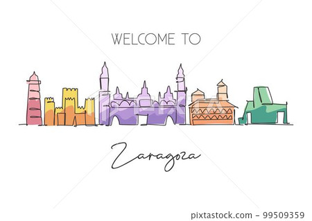 One continuous line drawing Zaragoza city skyline Spain. Beautiful skyscraper postcard. World landscape tourism travel vacation wall decor poster concept. Single line draw design vector illustration 99509359
