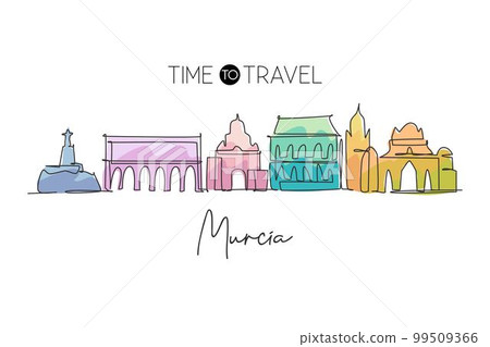 Single continuous line drawing of Murcia city skyline, Spain. Famous city skyscraper landscape postcard. World travel wall decor poster print concept. Modern one line draw design vector illustration 99509366