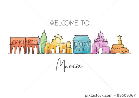 One single line drawing Murcia city skyline Spain. Historical skyscraper landscape in world postcard. Best holiday destination wall decor poster. Trendy continuous line draw design vector illustration One single line drawing Murcia city skyline Spain. Historical skyscraper landscape in world postcard. Best holiday destination wall decor poster. Trendy continuous line draw design vector illustration 99509367