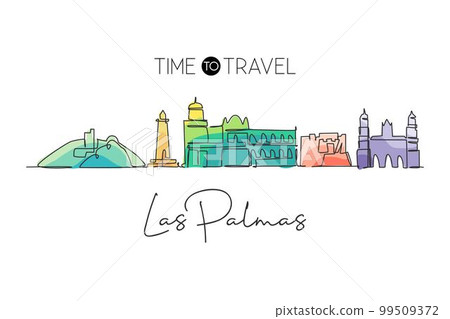 Single continuous line drawing Las Palmas city skyline, Spain. Famous skyscraper landscape postcard. World travel home wall decor poster print concept. Modern one line draw design vector illustration 99509372