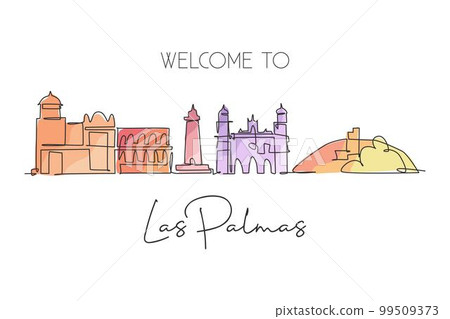 One single line drawing of Las Palmas city skyline Spain. Historical skyscraper landscape in world postcard. Best holiday destination wall decor poster. Continuous line draw design vector illustration One single line drawing of Las Palmas city skyline Spain. Historical skyscraper landscape in world postcard. Best holiday destination wall decor poster. Continuous line draw design vector illustration 99509373