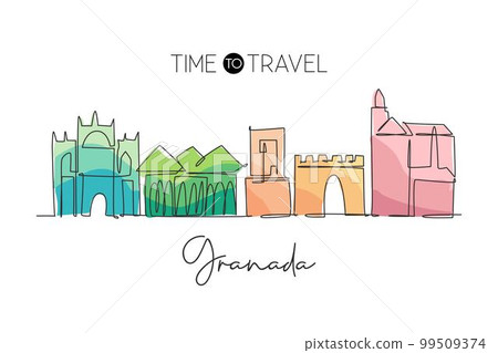 One single line drawing of Granada city skyline, Spain. Historical landscape in world postcard. Best holiday destination wall decor poster art. Trendy continuous line draw design vector illustration 99509374