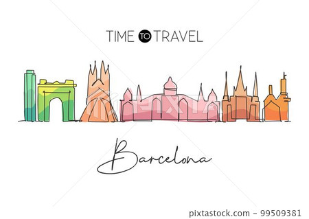Single continuous line drawing of Barcelona city skyline, Spain. Famous city skyscraper landscape postcard. World travel concept wall decor poster art. Modern one line draw design vector illustration Single continuous line drawing of Barcelona city skyline, Spain. Famous city skyscraper landscape postcard. World travel concept wall decor poster art. Modern one line draw design vector illustration 99509381