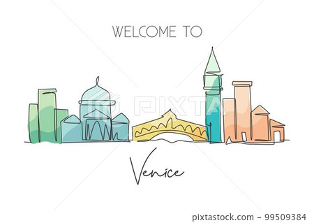 Single continuous line drawing of Venice city skyline, Italy. Famous skyscraper landscape postcard. World travel home wall decor poster print concept. Modern one line draw design vector illustration Single continuous line drawing of Venice city skyline, Italy. Famous skyscraper landscape postcard. World travel home wall decor poster print concept. Modern one line draw design vector illustration 99509384