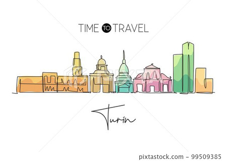 Single continuous line drawing of Turin city skyline, Italy. Famous skyscraper landscape postcard. World travel home wall decor poster print concept. Modern one line draw design vector illustration 99509385
