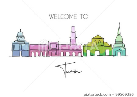 One continuous line drawing of Turin city skyline, Italy. Beautiful skyscraper. World landscape tourism travel vacation concept wall decor poster. Stylish single line draw design vector illustration 99509386