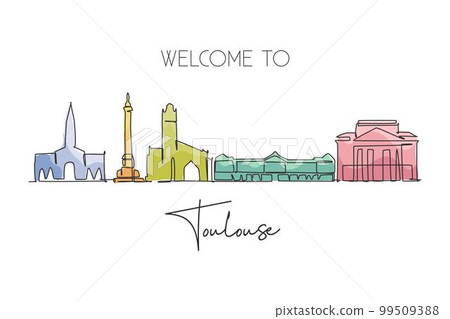 One continuous line drawing of Toulouse city skyline, France. Beautiful skyscraper postcard. World landscape tourism travel vacation wall decor poster art. Single line draw design vector illustration 99509388