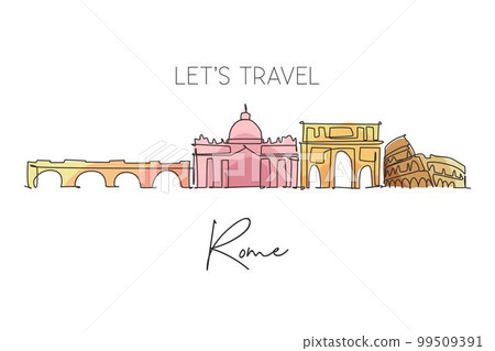 Single continuous line drawing of Rome city skyline Italy. Famous Roma city skyscraper landscape. World travel home wall decor poster print art concept. Modern one line draw design vector illustration 99509391