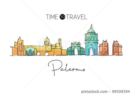 One single line drawing Palermo city skyline, Italy. Historical skyscraper landscape in world. Best holiday destination home wall decor poster. Trendy continuous line draw design vector illustration One single line drawing Palermo city skyline, Italy. Historical skyscraper landscape in world. Best holiday destination home wall decor poster. Trendy continuous line draw design vector illustration 99509394