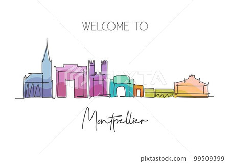 Single continuous line drawing of Montpellier city skyline, France. Famous skyscraper landscape. World travel home wall decor poster print art concept. Modern one line draw design vector illustration 99509399