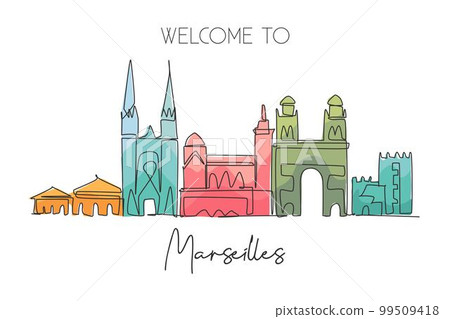 One single line drawing Marseilles city skyline, France. Historical skyscraper landscape in world. Best holiday destination wall decor poster. Trendy continuous line draw design vector illustration One single line drawing Marseilles city skyline, France. Historical skyscraper landscape in world. Best holiday destination wall decor poster. Trendy continuous line draw design vector illustration 99509418