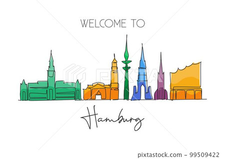 One continuous line drawing of Hamburg city skyline, Germany. Beautiful skyscraper. World landscape tourism travel wall decor poster print concept. Stylish single line draw design vector illustration One continuous line drawing of Hamburg city skyline, Germany. Beautiful skyscraper. World landscape tourism travel wall decor poster print concept. Stylish single line draw design vector illustration 99509422