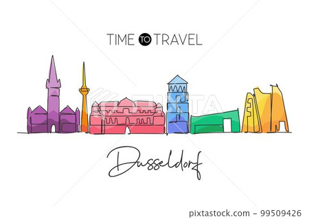 One continuous line drawing of Dusseldorf city skyline, Germany. Beautiful skyscraper. World landscape tourism travel vacation wall decor poster. Stylish single line draw design vector illustration 99509426
