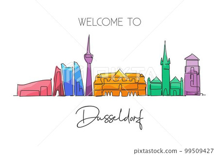 One single line drawing of Dusseldorf city skyline, Germany. Historical skyscraper landscape in world. Best holiday wall decor art destination. Trendy continuous line draw design vector illustration One single line drawing of Dusseldorf city skyline, Germany. Historical skyscraper landscape in world. Best holiday wall decor art destination. Trendy continuous line draw design vector illustration 99509427