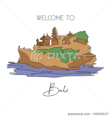 One single line drawing of Tanah Lot landmark. World famous natural hill in Bali, Indonesia. Tourism travel postcard home wall decor art concept. Modern continuous line draw design vector illustration 99509437
