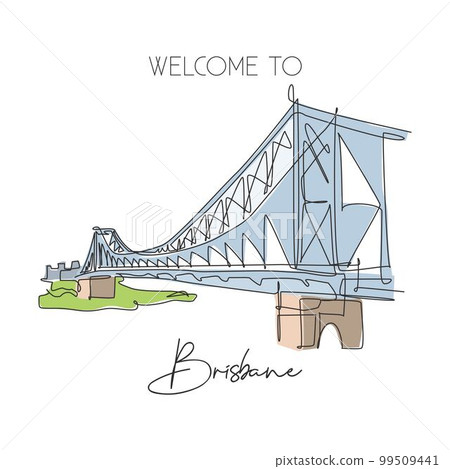 Single continuous line drawing Story Bridge landmark. Beautiful famous place in Brisbane, Australia. World travel home wall decor poster art concept. Modern one line draw design vector illustration Single continuous line drawing Story Bridge landmark. Beautiful famous place in Brisbane, Australia. World travel home wall decor poster art concept. Modern one line draw design vector illustration 99509441