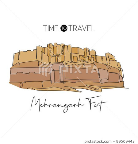One single line drawing Mehrangarh Fort landmark. Famous historic place in Jodhpur India. Tourism travel home wall decor poster postcard concept. Modern continuous line draw design vector illustration One single line drawing Mehrangarh Fort landmark. Famous historic place in Jodhpur India. Tourism travel home wall decor poster postcard concept. Modern continuous line draw design vector illustration 99509442