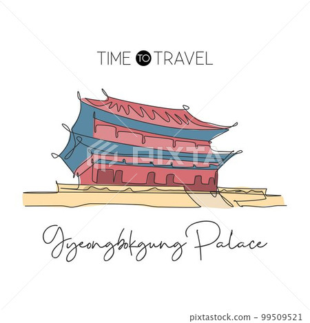 Single continuous line drawing Gyeongbokgung Palace landmark. Beautiful famous place in Seoul, Korea. World travel home wall decor poster print concept. Modern one line draw design vector illustration Single continuous line drawing Gyeongbokgung Palace landmark. Beautiful famous place in Seoul, Korea. World travel home wall decor poster print concept. Modern one line draw design vector illustration 99509521