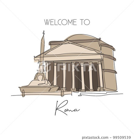 One single line drawing Pantheon landmark. Iconic ancient temple in Rome Italy. Tourism travel postcard home wall decor art poster print concept. Trendy continuous line draw design vector illustration 99509539