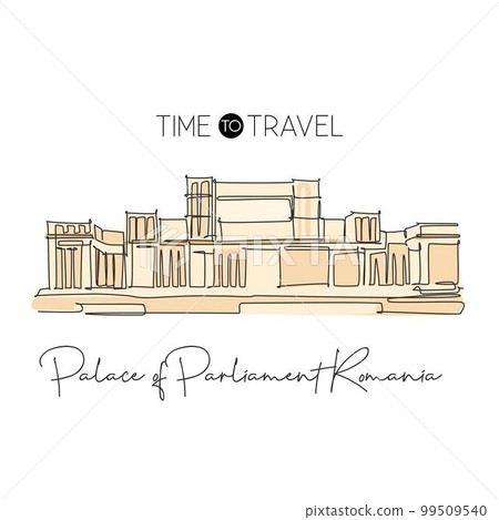 Single continuous line drawing Palace of the Parliament landmark. Palatul Parlamentului place in Bucharest, Romania. Home decor wall art print concept. Simple one line draw design vector illustration 99509540