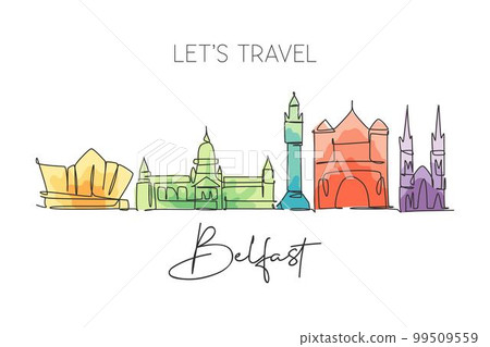 Single continuous line drawing of Belfast city skyline, Northern Ireland. Famous city landscape. World travel concept home wall decor poster print art. Modern one line draw design vector illustration Single continuous line drawing of Belfast city skyline, Northern Ireland. Famous city landscape. World travel concept home wall decor poster print art. Modern one line draw design vector illustration 99509559