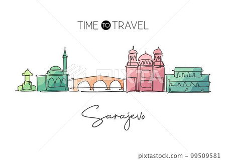 One continuous line drawing of Sarajevo city skyline, Bosnia and Herzegovina. Beautiful landmark. World landscape travel vacation. Editable stylish stroke single line draw design vector illustration One continuous line drawing of Sarajevo city skyline, Bosnia and Herzegovina. Beautiful landmark. World landscape travel vacation. Editable stylish stroke single line draw design vector illustration 99509581