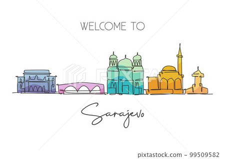 Single continuous line drawing of Sarajevo city skyline, Bosnia and Herzegovina. Famous landscape. World travel concept home wall decor poster print. Modern one line draw design vector illustration Single continuous line drawing of Sarajevo city skyline, Bosnia and Herzegovina. Famous landscape. World travel concept home wall decor poster print. Modern one line draw design vector illustration 99509582