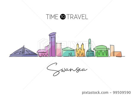 One single line drawing of Swansea city skyline United Kingdom. Historical town landscape in the world. Best holiday destination. Editable stroke trendy continuous line draw design vector illustration 99509590
