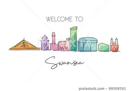 Single continuous line drawing of Swansea city skyline, United Kingdom. Famous city landscape. World travel concept home wall decor poster print art. Modern one line draw design vector illustration 99509591