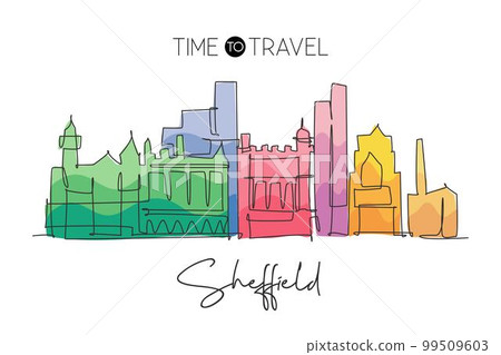 One continuous line drawing of Sheffield city skyline. Beautiful city skyscraper. World landscape tourism travel vacation wall decor poster concept. Trendy single line draw design vector illustration One continuous line drawing of Sheffield city skyline. Beautiful city skyscraper. World landscape tourism travel vacation wall decor poster concept. Trendy single line draw design vector illustration 99509603