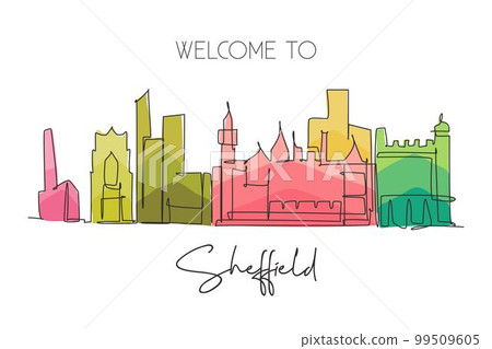 Single continuous line drawing Sheffield city skyline. Famous city skyscraper landscape in world. World travel campaign wall decor poster print concept. Modern one line draw design vector illustration Single continuous line drawing Sheffield city skyline. Famous city skyscraper landscape in world. World travel campaign wall decor poster print concept. Modern one line draw design vector illustration 99509605