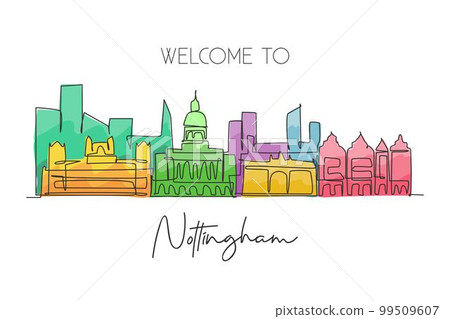 One single line drawing Nottingham city skyline. Historical city skyscraper landscape in world. Best destination vacation home wall decor art concept. Continuous line draw design vector illustration One single line drawing Nottingham city skyline. Historical city skyscraper landscape in world. Best destination vacation home wall decor art concept. Continuous line draw design vector illustration 99509607