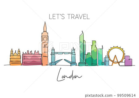 One continuous line drawing of London city skyline. Beautiful city skyscraper. World landscape tourism travel vacation home wall decor poster print concept. Single line draw design vector illustration 99509614