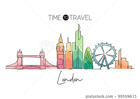 One single line drawing London city skyline. Historical skyscraper and landscape in world. Best destination holiday vacation home wall decor concept. Continuous line draw design vector illustration One single line drawing London city skyline. Historical skyscraper and landscape in world. Best destination holiday vacation home wall decor concept. Continuous line draw design vector illustration 99509615