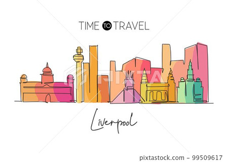 One continuous line drawing Liverpool city skyline. Beautiful Merseyside city skyscraper. World landscape tourism travel vacation home wall decor concept. Single line draw design vector illustration One continuous line drawing Liverpool city skyline. Beautiful Merseyside city skyscraper. World landscape tourism travel vacation home wall decor concept. Single line draw design vector illustration 99509617