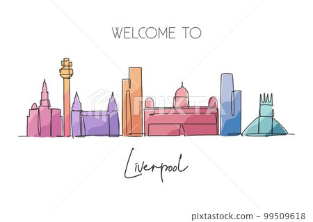 One single line drawing Liverpool city skyline. Historical city skyscraper landscape in world. Best destination home wall decor poster print concept. Continuous line draw design vector illustration One single line drawing Liverpool city skyline. Historical city skyscraper landscape in world. Best destination home wall decor poster print concept. Continuous line draw design vector illustration 99509618