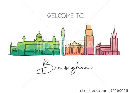 One continuous line drawing of Birmingham city skyline. Beautiful city skyscraper. World landscape tourism travel vacation home decor wall poster concept. Single line draw design vector illustration 99509626