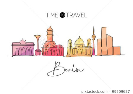 Single continuous line drawing of Berlin city skyline. Famous city skyscraper landscape. World travel postcard home decor wall art poster print concept. Modern one line draw design vector illustration 99509627