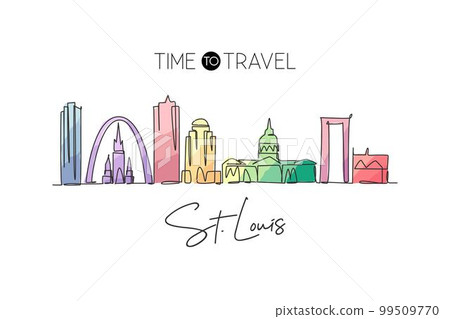 One continuous line drawing of St. Louis city skyline, USA. Beautiful landmark. World landscape tourism travel vacation wall decor art poster print. Stylish single line draw design vector illustration 99509770