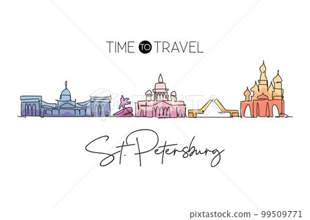 One single line drawing of city St. Petersburg skyline, Russia. Historical town landscape in world. Best holiday destination wall decor poster. Trendy continuous line draw design vector illustration 99509771
