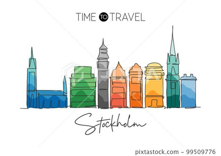One single line drawing of Stockholm city skyline, Sweden. Historical town landscape in the world. Best holiday destination. Editable stroke trendy art continuous line draw design vector illustration 99509776