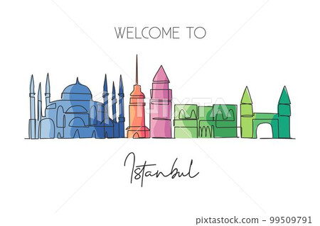Single continuous line drawing of Istanbul city skyline, Turkey. Famous city scraper landscape. World travel wall decor home art poster print concept. Modern one line draw design vector illustration Single continuous line drawing of Istanbul city skyline, Turkey. Famous city scraper landscape. World travel wall decor home art poster print concept. Modern one line draw design vector illustration 99509791