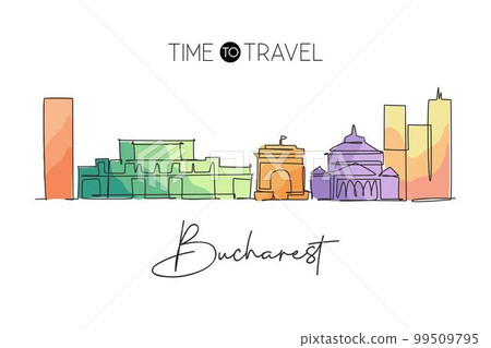 One continuous line drawing of Bucharest city skyline, Romania. Beautiful landmark. World landscape tourism and travel vacation. Editable stylish stroke art single line draw design vector illustration One continuous line drawing of Bucharest city skyline, Romania. Beautiful landmark. World landscape tourism and travel vacation. Editable stylish stroke art single line draw design vector illustration 99509795