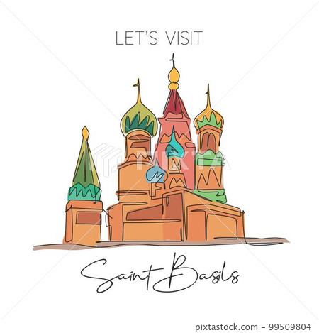 Single continuous line drawing Saint Basil's landmark. Beauty famous place in Moscow, Russia. World travel wall decor home art poster print concept. Modern one line draw design vector illustration Single continuous line drawing Saint Basil's landmark. Beauty famous place in Moscow, Russia. World travel wall decor home art poster print concept. Modern one line draw design vector illustration 99509804