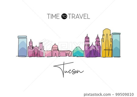 One single line drawing of Tucson city skyline, Arizona. Historical town landscape in the world. Best holiday destination poster. Editable stroke trendy continuous line draw design vector illustration One single line drawing of Tucson city skyline, Arizona. Historical town landscape in the world. Best holiday destination poster. Editable stroke trendy continuous line draw design vector illustration 99509810