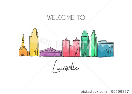 Single continuous line drawing Louisville city skyline, Kentucky. Famous city scraper and landscape. World travel concept home wall decor poster print. Modern one line draw design vector illustration Single continuous line drawing Louisville city skyline, Kentucky. Famous city scraper and landscape. World travel concept home wall decor poster print. Modern one line draw design vector illustration 99509827